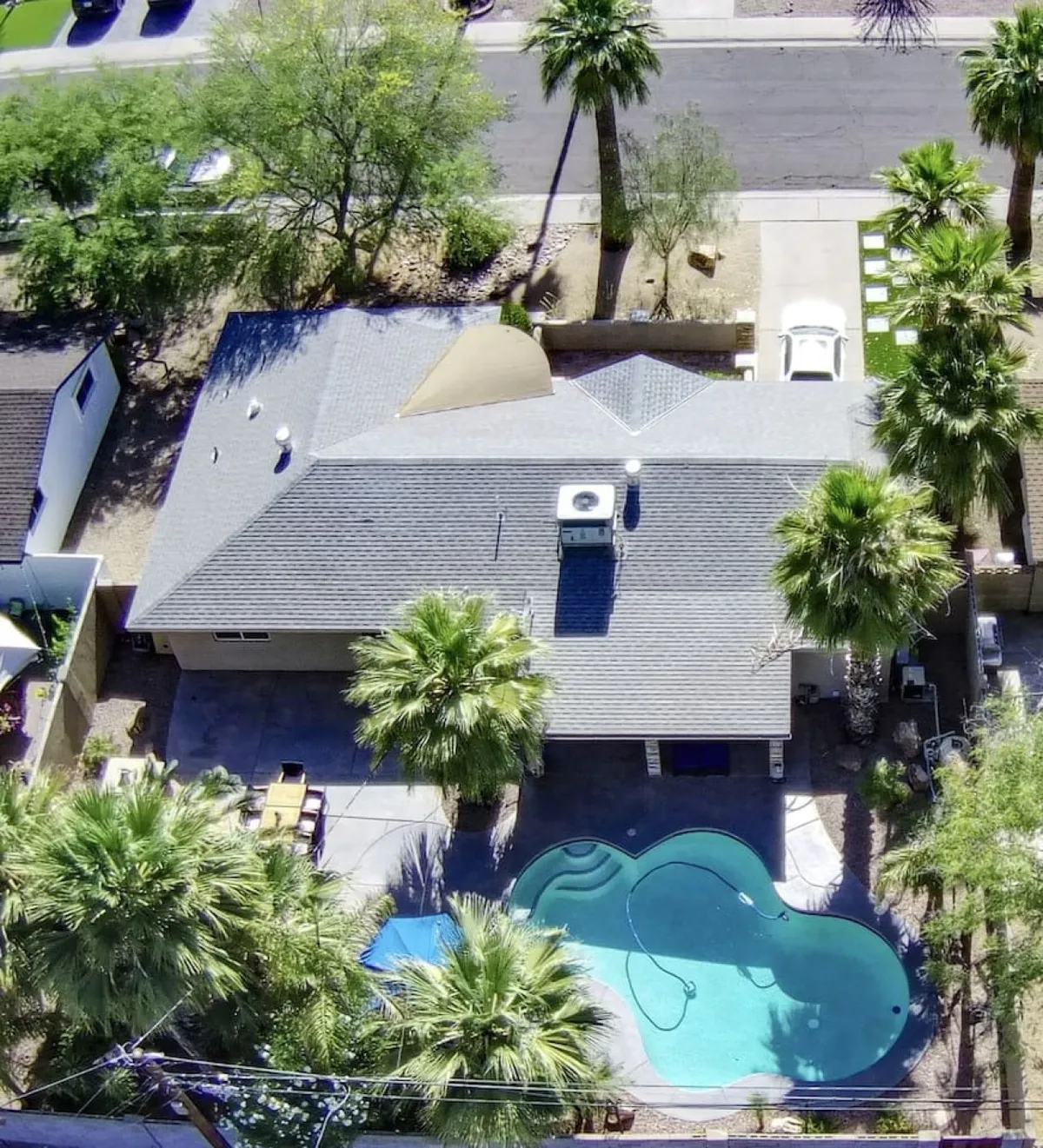 The image showcases a sun-drenched backyard oasis featuring a sparkling swimming pool surrounded by swaying palm trees, stylish patio seating, and a shaded roof structure for outdoor dining or relaxing. The setting exudes tranquility and invites guests to enjoy both lively gatherings and peaceful moments under the Arizona sky.